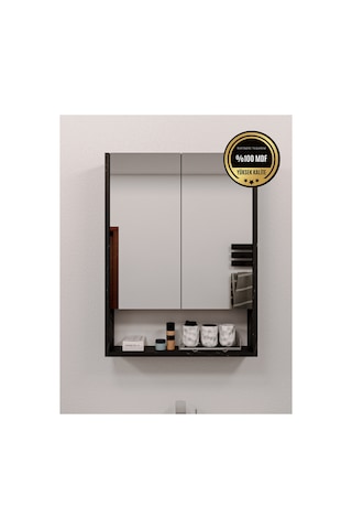 Lotus Banyo Dolabı Aynalı Raflı Kapaklı Siyah