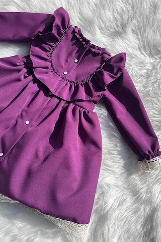 Dantel Ve Fırfır Detaylı Mor Kız Çocuk Bebek Tasarım Elbise 001