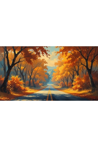 Doğa Ve Manzara Yatay Sonbahar Ağaçlarının Arasında Ufka Doğru Uzanan Yalnız Yol 07 Çerçevesiz 90x60cm Pvc Tablo
