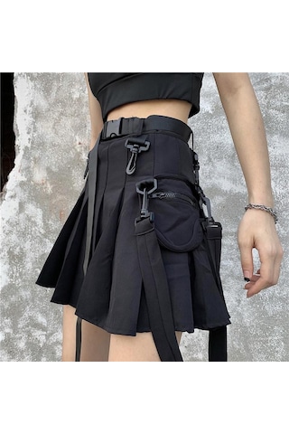 Yüksek Bel Kadın Mini Etek Punk Tarzı Cep Kadın Eteği Yaz Streetweed Kadın Pilili Etek Siyah