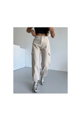 Kene Jeans Yüksek Bel Taş Paça Lastik Kargo Cepketen Mom Pantolon Taş