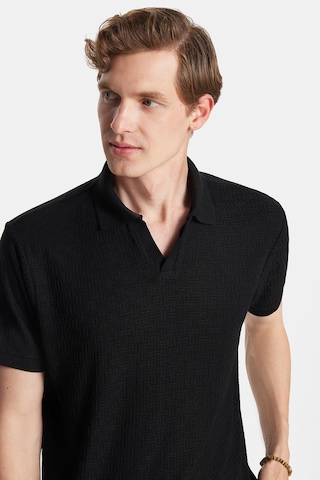 Tudors Erkek Slim Fit Dar Kesim Viskon Kumaş Desenli Düz Pike Düğmesiz Siyah Polo Yaka Tişört-34597 Siyah