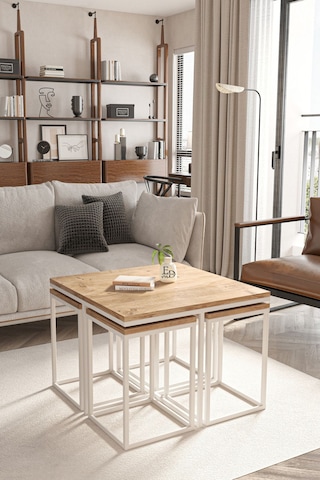 Lizbon 4+1 Kare Sehpa Takımı Beyaz Metal - Atlantik Çam Tabla