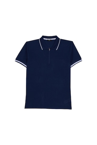 Erkek Slim Fit Dar Kesim %100 Pamuk Jakarlı Düz Yaka Ve Kol Detaylı Lacivert Polo Yaka Tişört-50217 Lacivert