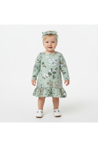 Çiçekli Uzun Kol Kız Bebek Elbise St09755 Yeşil