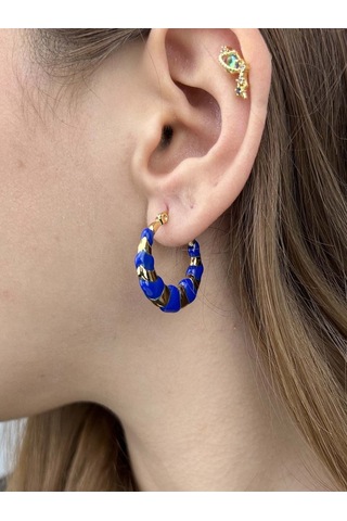 Lacivert Motifli, Halka Model, Paslanmaz Çelik Küpe 539, Kasa Altın Renk Altın