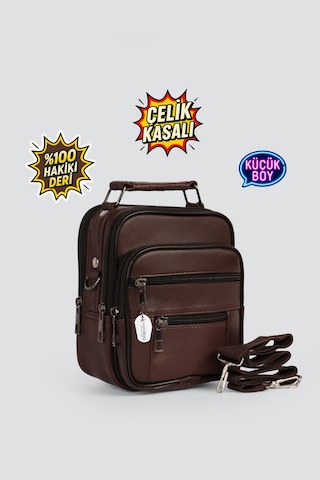 Westbag Erkek Çelik Kasalı Hakiki Deri El Ve Omuz Çantası Ayarlanabilir Askılı Küçük Boy Kahverengi