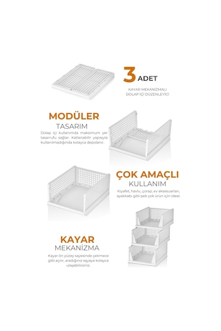 3'lü Modüler Kayar Raflı Dolap İçi Düzenleyici Seti, Antrasit Gri