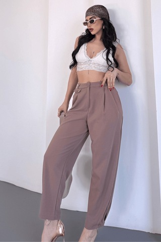 Paw Garage Kadın Jessia Bel Ve Paça Düğmeli Balon Model Likralı Kumaş Pantolon Vizon