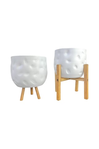 Bitki Tasarımı Ev Dekorasyon Aksesuar Beyaz Desenli Toprak Saksı Saksılık Salon Çiçeklik İkili Set 3-4 Ayaklı 19 Cm