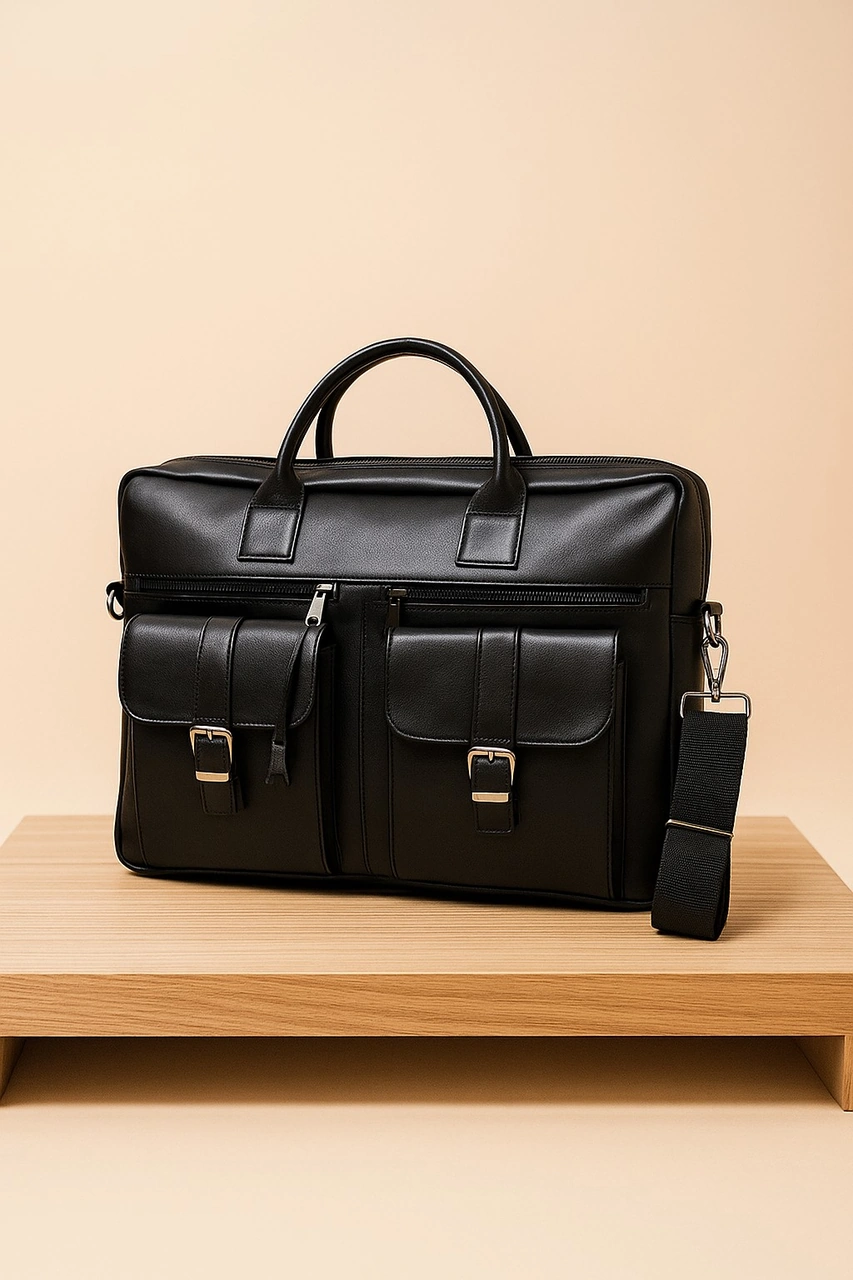 Newfull Hakiki Deri Erkek Siyah Evrak Notebook (Laptop) Çantası Siyah