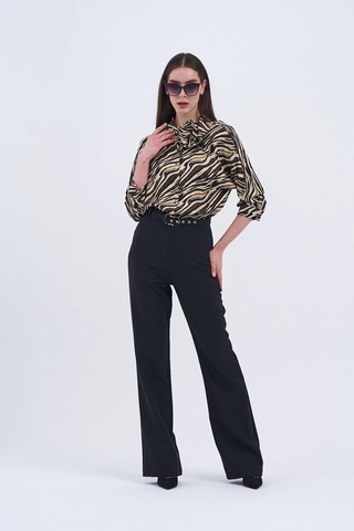 Trend Kadın Yeni İkili Takım Siyah Pantolon Ve Zebra Desenli Bluz Siyah
