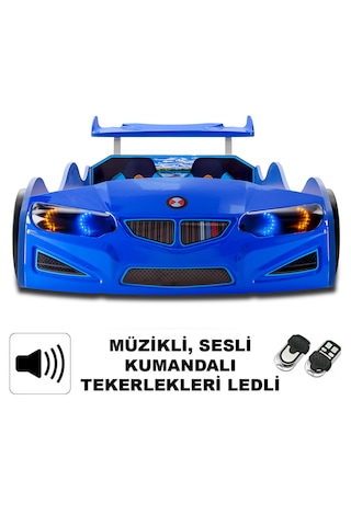Gt1 - Bazalı Arabalı Yatak - Kumandalı, Sesli, + Elif Yatak 90x190 Cm - Mavi Tek Kişilik