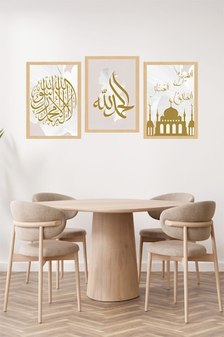 Altın Varaklı İslami 3 Lü Tablo Seti Şık, Anlamlı Ve Estetik Çerçeve Efektli Crvs1228 30 X 40