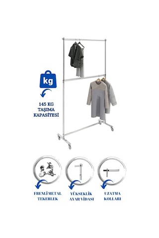 Ev Tipi Çift Katlı Kıyafet Askısı Tekerlekli Askılık Orta Stant Metal