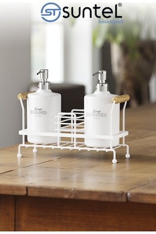 Suntel 2 Li Metal Standlı Plastik Sıvı Sabun Şişesi Sabunluk 500 Ml Beyaz Beyaz