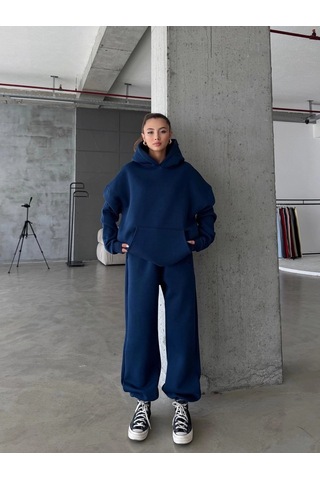 Kazax 3 İplik Şardonlu Kapşonlu Sweatshirt Lacivert P510436 Lacivert