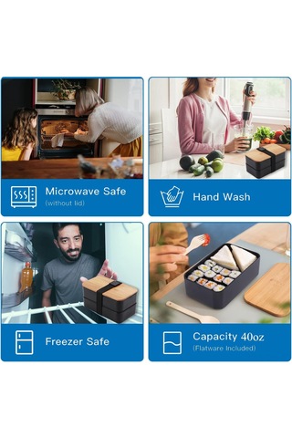 Dofolink Doğal Bambu Kapağı Çift Katlı Bento Kutusu, Mikrodalga Uyumlu, Yemekleri Ayırır, Isı Saklama Çantasıyla, Öğrencilere Ve Çalışanlara Uygun, Sağlıklı Pp Malzeme Siyah