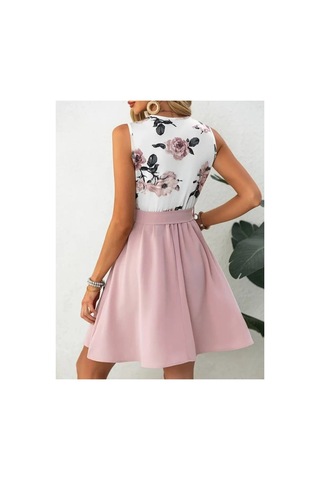 Butik İstanbul Kadın Sıfır Kollu V Yakalı Çiçek Baskılı Beli Kuşaklı Dalgıç Elbise Pembe