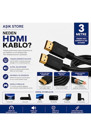 Hdmı Kablo 3 Metre Full Hd 1080p 4kx2k Yüksek Hızlı Görüntü Ve Ses Aktarım Kablosu Altın Kaplama Konnektör Pvc Dış Kılıf