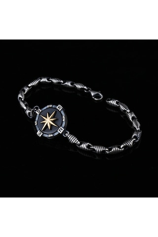 Fkgümüş 925 Ayar Gümüş Oniks Taşlı Pusula Erkek Bilekik Gümüş