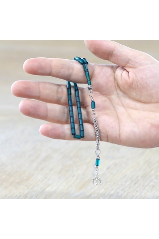 Tesbihane Ateş Kehribar Tesbih - Metal Püsküllü - Mini Boy - Kesme Kesim - Turkuaz Renk