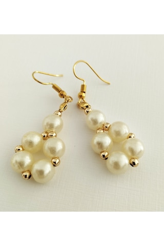 K204 İncili Sallantılı Küpe Altın - Beyaz