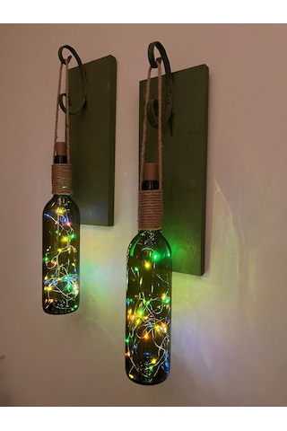 Ahşap  Retro Yeşil Şarap şişesi Duvar Aplik 2'li Set Yeşil