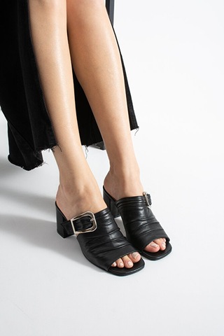 Dericia Shoes Legacy Hakiki Deri Kadın Kalın Topuklu Piliseli Terlik Siyah