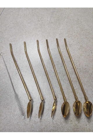 6'lı Paslanmaz Krom Pipetli Kokteyl Bar Kaşığı Ve Temizleme Fırçası, Pipetli Latte Kaşığı 22 Cm - Altınsarı