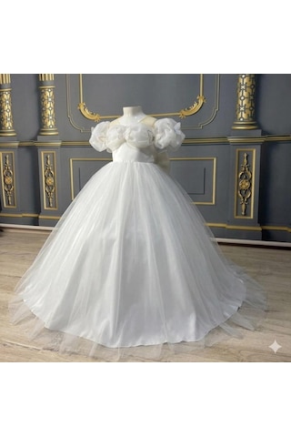 Star Kids Fashion Kız Çocuk Beyaz Kelebek Detaylı Prenses Elbise ,kız Çocuk Abiye Elbise