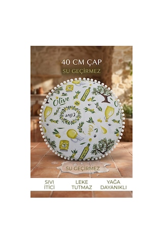 Yuvarlak Minder 40 Cm Çap Zeytin Desenli Dekoratif Minder Beyaz Ponponlu Su Geçirmez Sıvı İtici Çok Renkli
