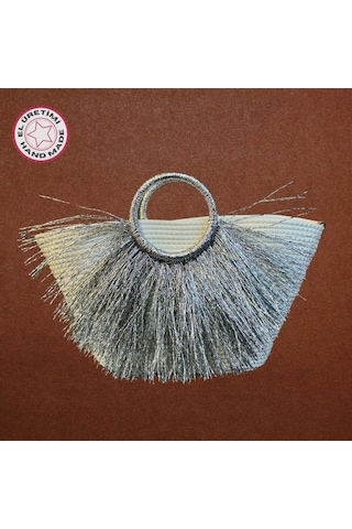 Uretti - Ayşe 4723 2092 El Yapımı Tress İp Yuvarlak Saplı Metalik Gümüş İp Püsküllü Plaj Çantası - Gümüş / Beyaz Beyaz - Gümüş