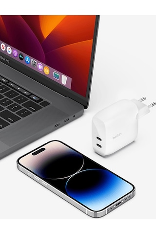Belkin Boostcharge Dual 30w USB-C PD 60W Çift 30W USB-C Port Beyaz Duvar Şarj Adaptörü