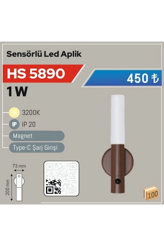 1w Magnetli Sensörlü Led Aplik Hs-5890 Kablosuz Duvar Lambası Gün Işığı Çok Renkli
