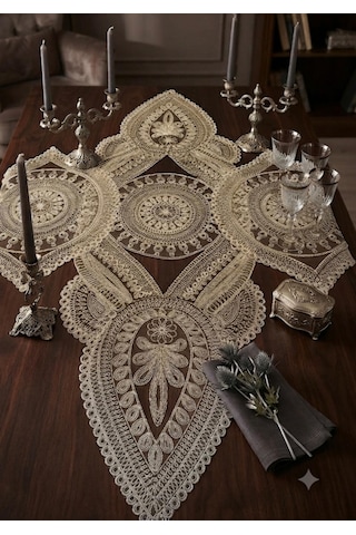 3 Lü Set Hafif Gold Renkli Dantel Detaylı Runner