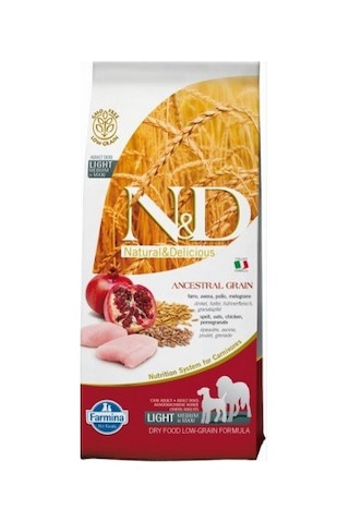 N&D Light Tavuklu ve Narlı Büyük ve Orta Irk Düşük Tahıllı Yetişkin Köpek Maması 12 KG