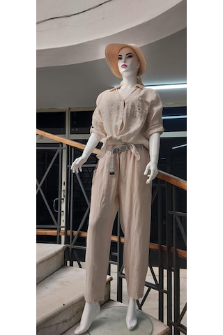 Eren Style İtalyan Kemerli Keten Pantolon-9260 Krem