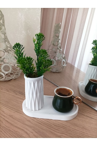 Mini Desenli Beton Saksı Tekli Ve Oval Tabak - Yapay Çiçek Hediyeli - Yeşil Tomurcuk