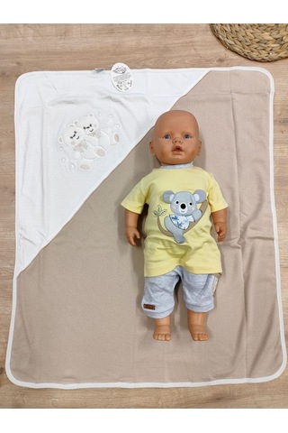 %100 Pamuklu & Mevsimlik Bebek Battaniyesi - Kahverengi & Ayıcık Nakışlı Bebek Örtüsü 80x90 Cm Kahverengi