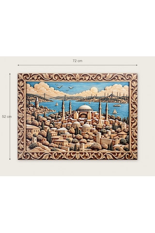 Ahşap Oyma Çerçeve Görünümlü İstanbul Silüeti Ve Ayasofya Temalı Dekoratif Ahşap Tablo 72 52 Cm Açıklama: Uv Baskı Tablodur, 3 Boyutlu Değildir.