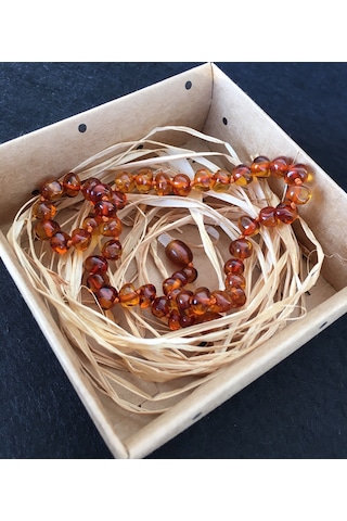 İpek Kehribar Litvanya Sertifikalı Baltık Kehribar Kolye Bebek Kolyesi Diş 0-3 Yaş 33 CM Kahverengi