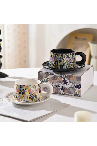Maiyame Beyaz Seramik Çay/ Kahve Fincan Ve Tabak Seti - 280 Ml Bahar Çiçek Desenli Hediyelik Kutulu Hediye Paketi Beyaz