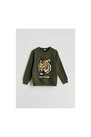 LC Waikiki Lcw Kids Yeşil Bisiklet Yaka Kaplan Baskılı Erkek Çocuk Eşofman Takımı Dark Green