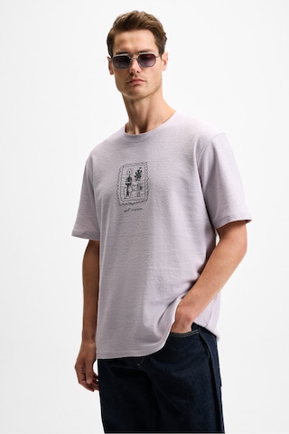 Grimelange DAPPERLY Erkek Ön Baskı Ve Nakış Detaylı Organik Pamuk Bisiklet Yaka Regular Fit Lila T-Shirt