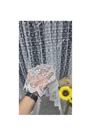 Tül Perde Kırık Beyaz Ekru Çiçek Desenli İşlemeli Salon Mutfak Kısa Petek Üstü Kırışmaz Sık Pileli Kırık Beyaz Ekru