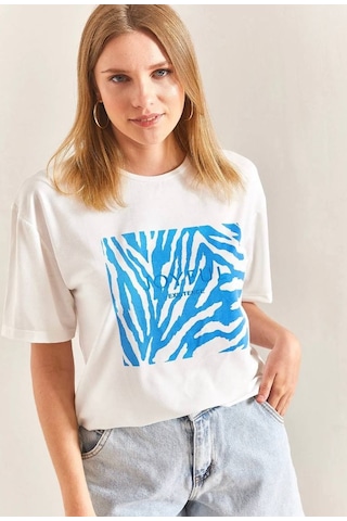 Baskılı Basic Bisiklet Yaka Örme T-shirt Önü Mavi