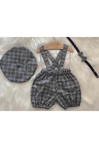 Eylülce Butik Gri Ekoseli Çocuk Askılı Şort Salopet & Ressam Şapkası & Papyon Takım- Pasta Patlatma-doğum Günü