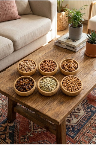 Makri Home Bambu 6'lı Çerezlik & Kuruyemiş Sunum Seti Yuvarlak Doğal Ahşap Servis Kasesi Bambu