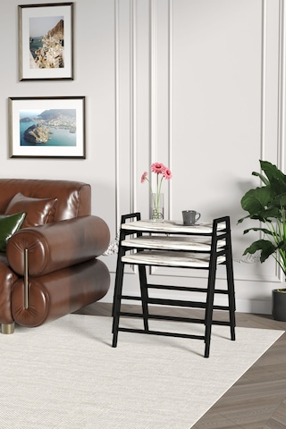 Zigon Sehpa , Aden 3'lü Tepsi Zigon Sehpa Takımı Siyah Metal - Beyaz Mermer Tabla Siyah-beyaz Mermer